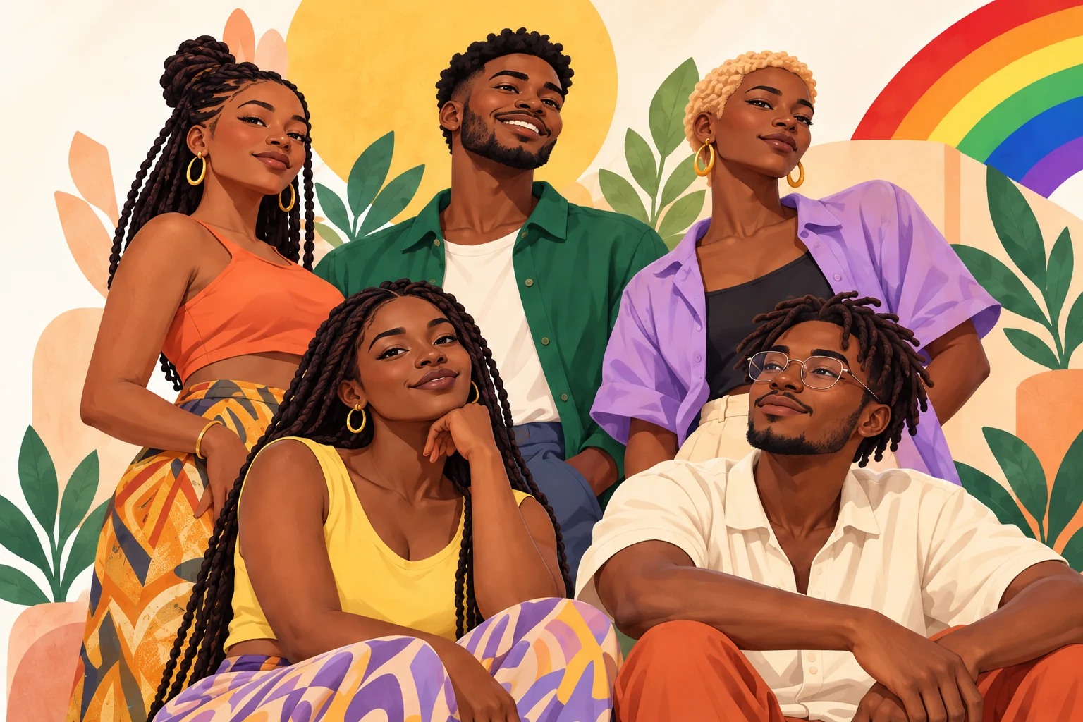 Illustration de cinq adultes africains réunis, dans un esprit de solidarité.